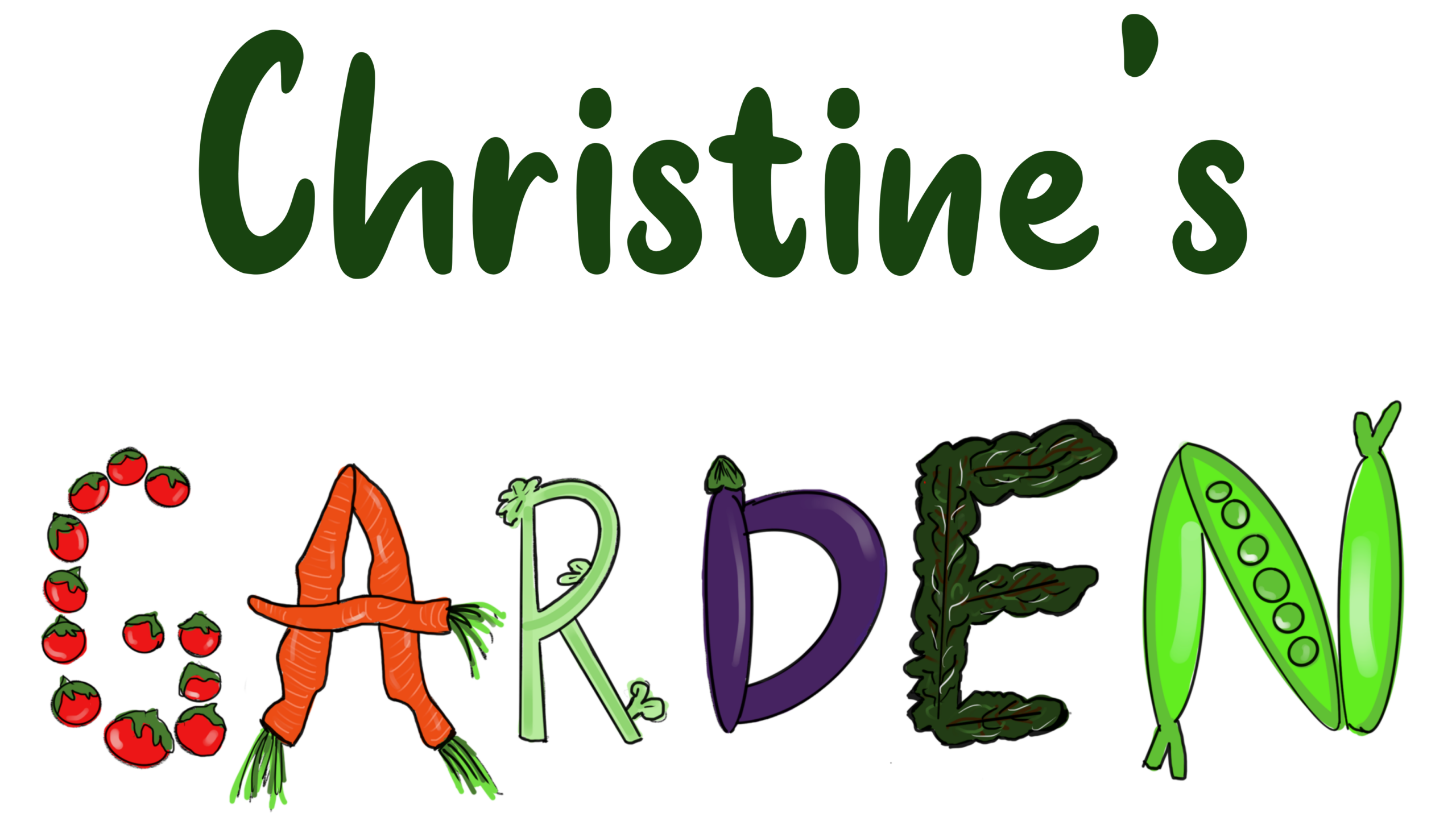 Christine's Garden, California - Christines Garden Threadless Colorful illustration of "Christine's Garden," featuring stylized letters made from various vegetables like tomatoes, carrots, and peas, promoting gardening and healthy eating.