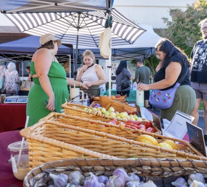 Vibrant farmer's market scene with shoppers interacting at vendor booths, showcasing fresh produce in woven baskets, including apples and citrus. Two women engage in conversation while a third inspects items, creating a lively atmosphere.